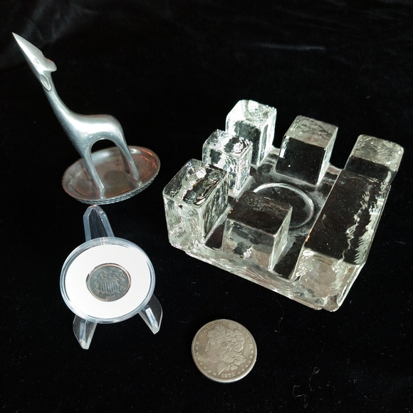 Grandpa's Vintage Antique Lot - Wiesenthal MCM Glassware - Pewter Tray & 2 Coins